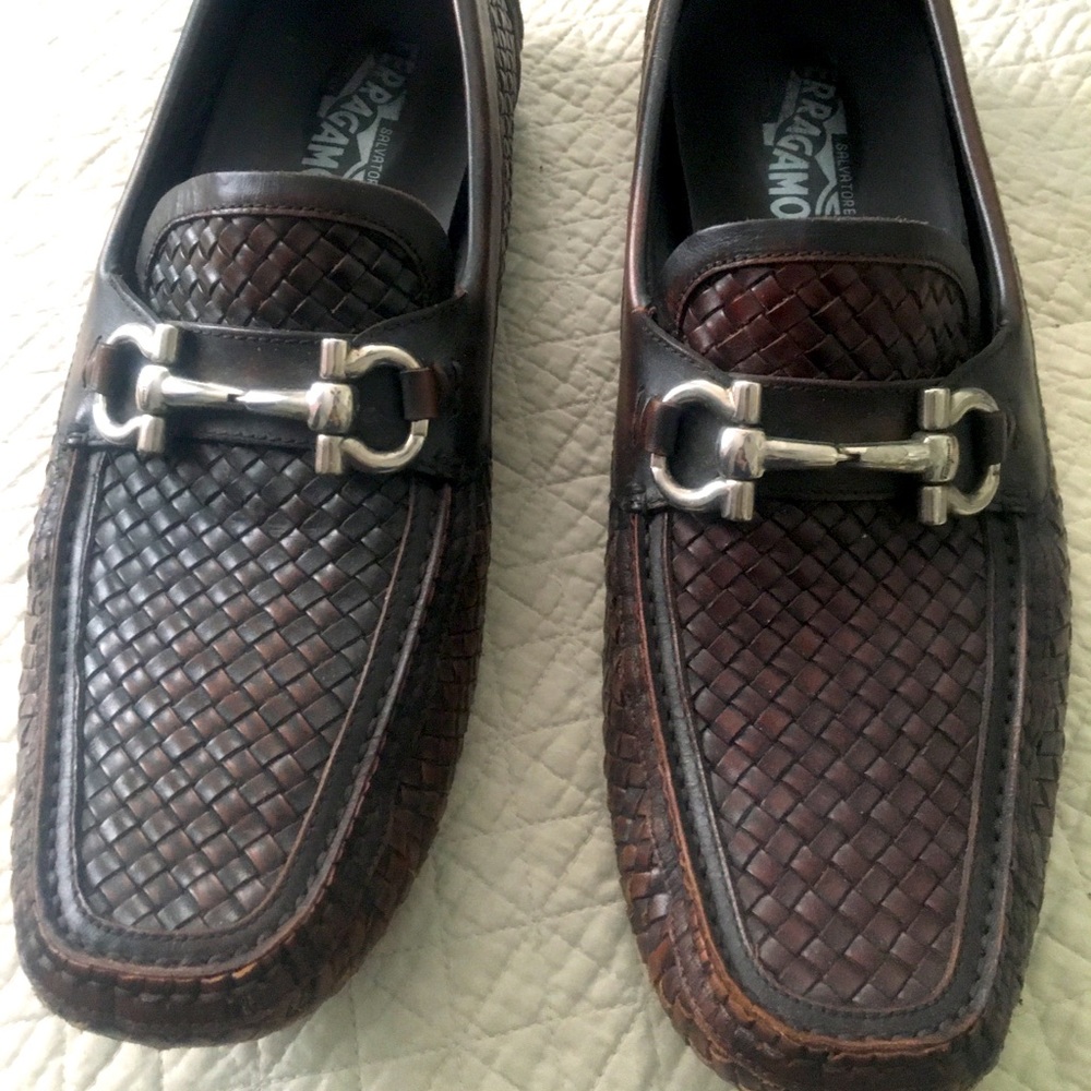 Salvatore Ferragamo woven brown leather loafers